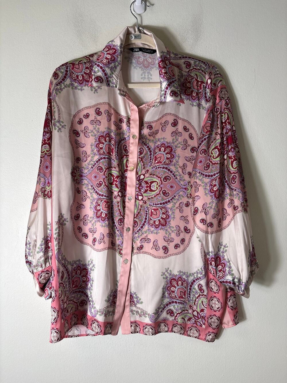 Zara Pink Paisley Long Sleeve Button Up Flowy Shirt Sz L